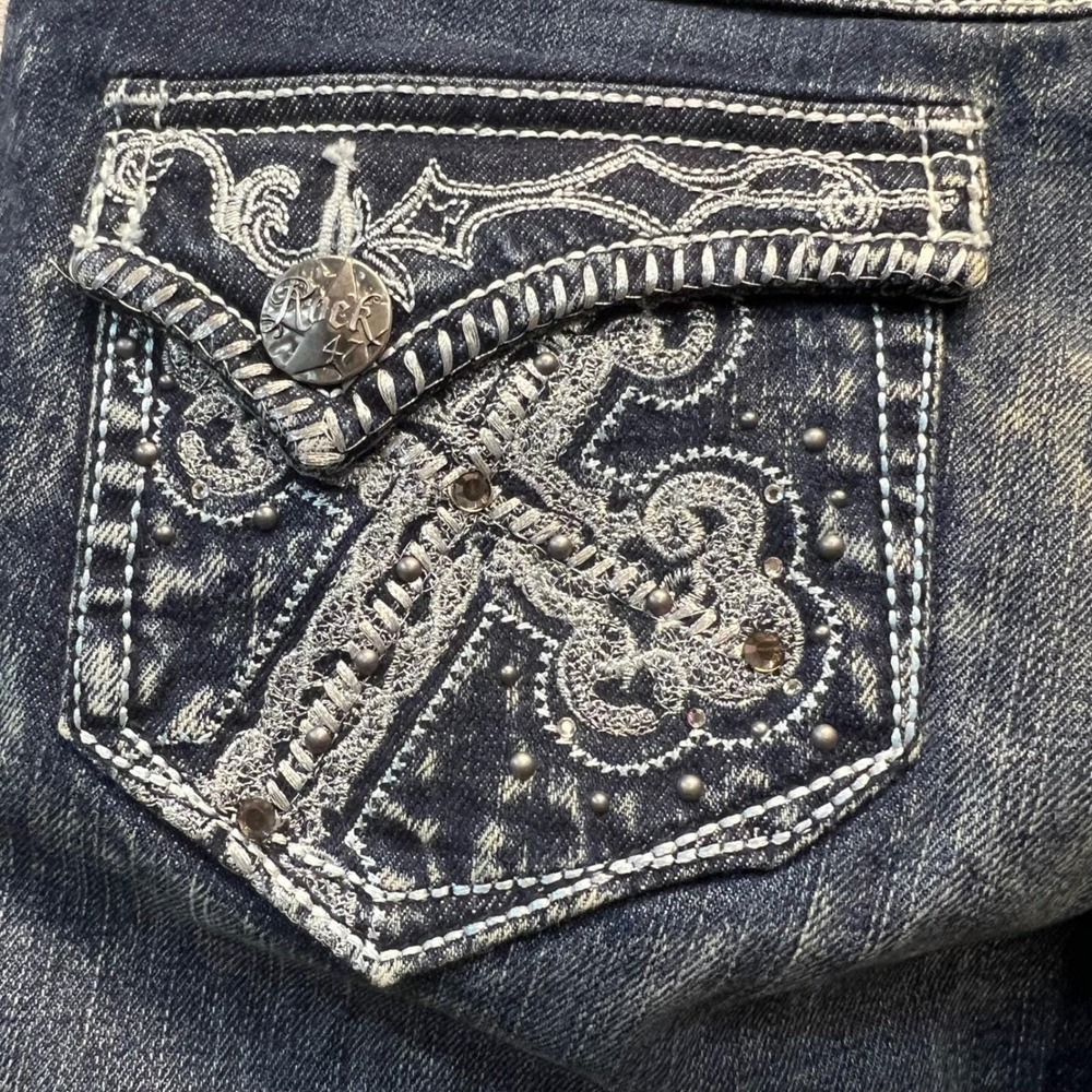 Rock 47 By Wrangler Y2K Low Rise Flare Jeans Embroidered 36L Size 3 - Picture 9 of 12